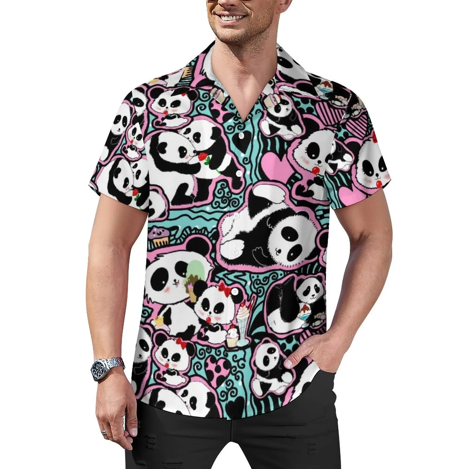 

Блузка мужская оверсайз с принтом панды и медведя, милая Повседневная рубашка с короткими рукавами, пляжная одежда в гавайском стиле, подарок на день рождения