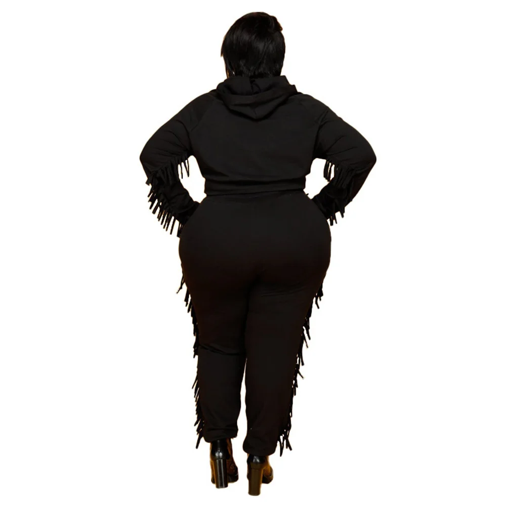 Plus Size Women Fall Clothing Wholesale Hoodie Sweatsuit Solid Long Sleeve Tassel Casual Tracksuit Two Piece 3xl 4xl 5xl 6xl