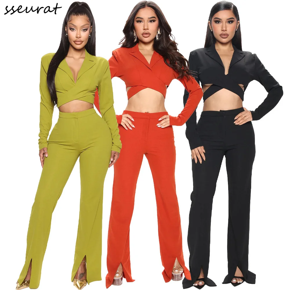 

Женский офисный костюм, пиджак с отложным воротником и расклешенные брюки, уличный спортивный костюм, комплект из двух предметов