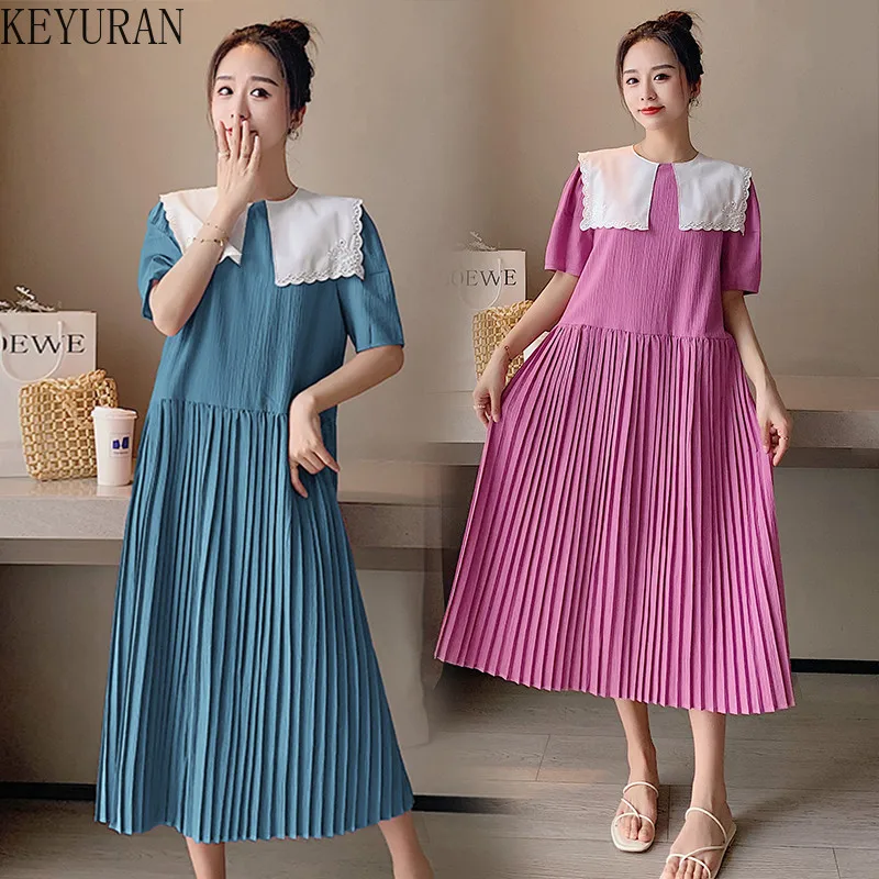 

2022 Summer Maternity Dress Korean Fashion Peter Pan Collar Mid-length Pleated Dress Pregnancy Clothes for Pregnant Women