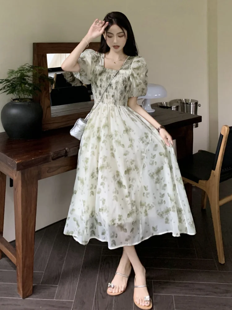 

Deeptown Korean Style Mixi Floral Princess Dress Women Y2k Fairycore Elegant Chic Mesh Puff Sleeve Tunic Graduation Prom Dresses