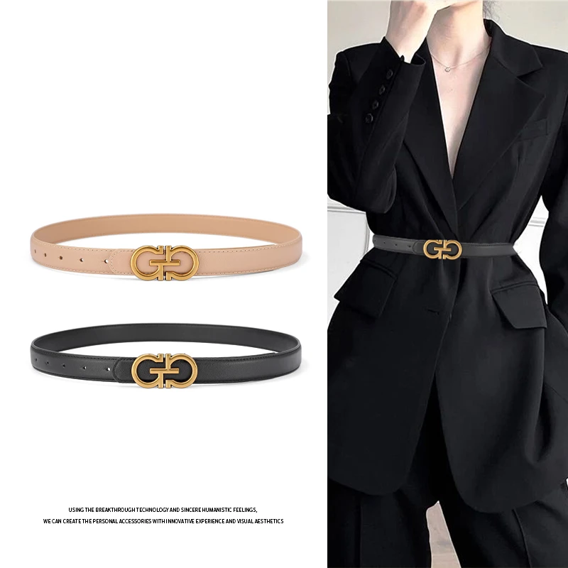 Chao brand leather women's leather thin belt fashion Joker decorative suit shirt high-grade black jeans belt