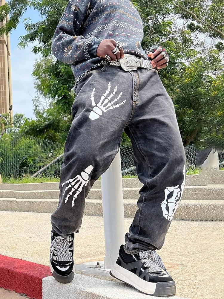 Hot Trendy Black Baggy Jeans For Men Y2K Clothes Fashion Skeleton Printed Trousers Streetwear Loose Straight Patched Denim Pants