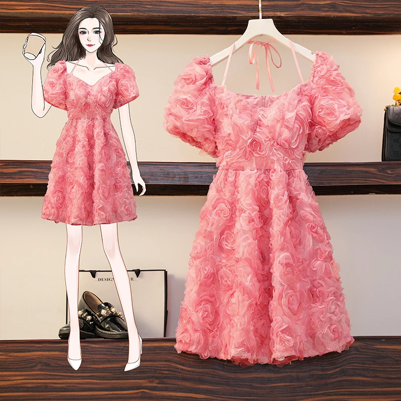 

Pink Cute 3D Rose Flower Dress For Womens Ladies Girl Sexy Birthday Party Proms Cocktail Night Evening A-Line Slim V-Neck Dress