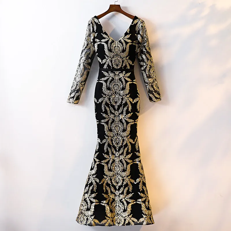 

Evening Dress Deep V-Neck Elegant Half Sleeves Sequins Floor-Length Backless Mermaid New Plus size Women Formal Party Gown C1536