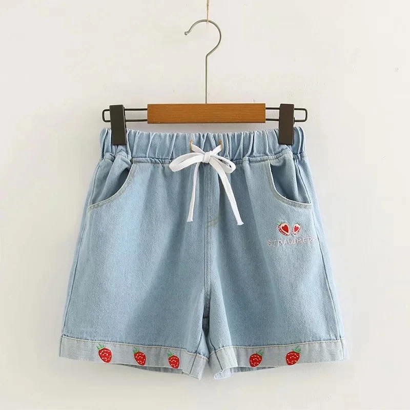 High Waisted Bottoms Summer Loose Kawaii Jeans Strawberry Embroidery Women Denim Shorts Girls 2021 Cute Casual Shorts Fashion