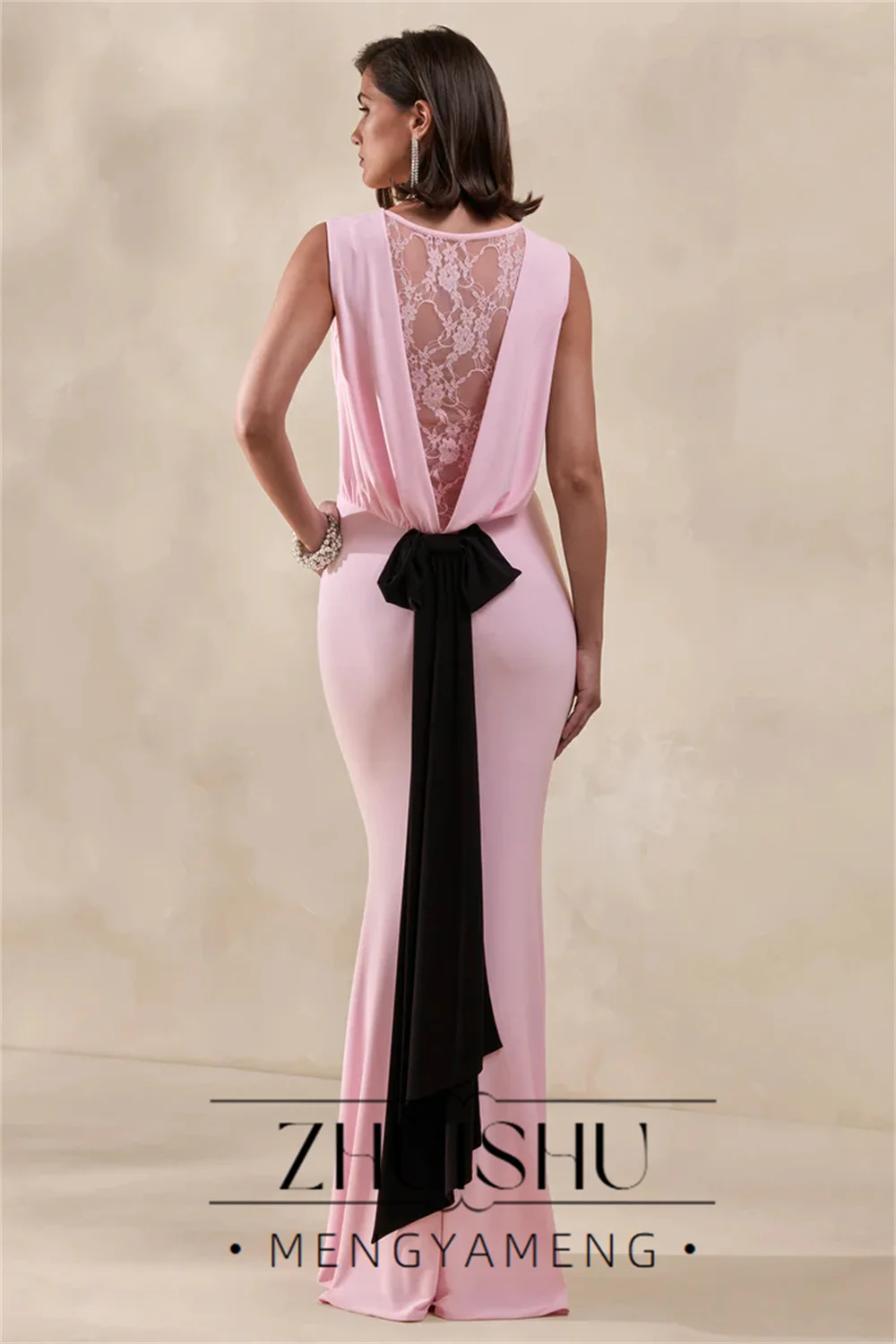 Фото Вечернее платье ZHUISHU Classic Pink Mermaid Bow для женщин, 2026, без рукавов, с кружевными складками, круглым вырезом, для вечеринок, на заказ №2