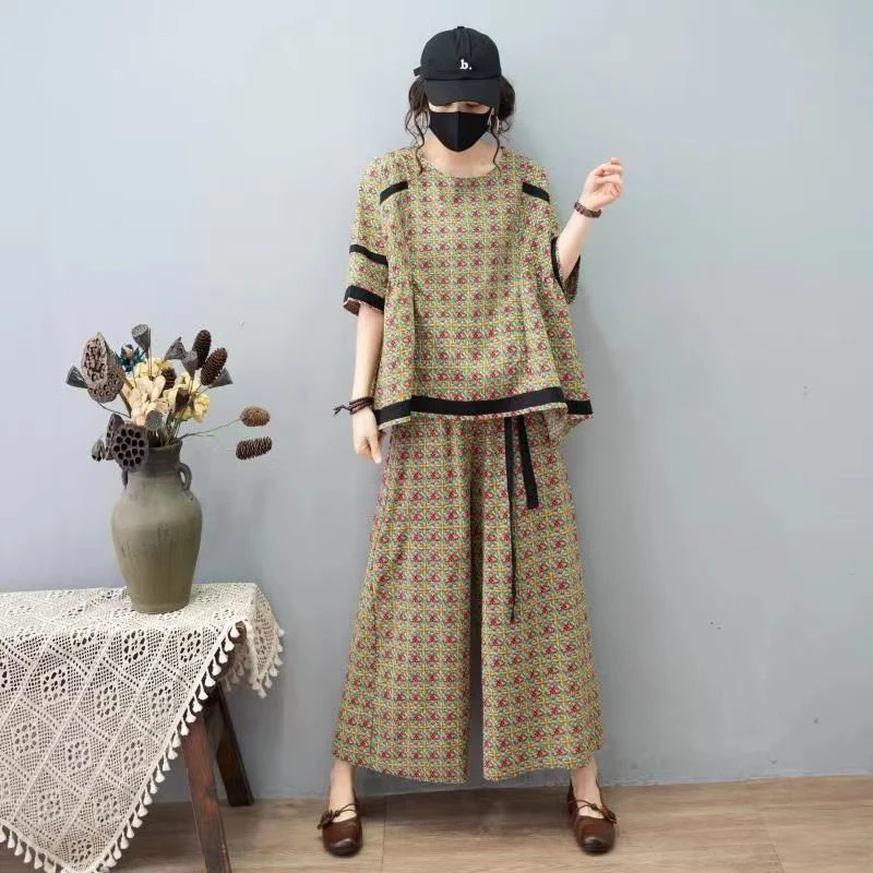 

2022 Summer Arts Style Women Vintage Plaid Two-piece Sets Loose Tee Shirt Elastic Waist Casual Cotton Linen Wide Leg Pants C223