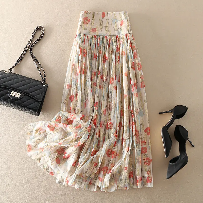 Y2K Fashion Mesh Floral Skirt Women's Clothing 2023 Summer Elegant Vintage Zipper Midi High Waist A-Line Casual Pleated Skirt