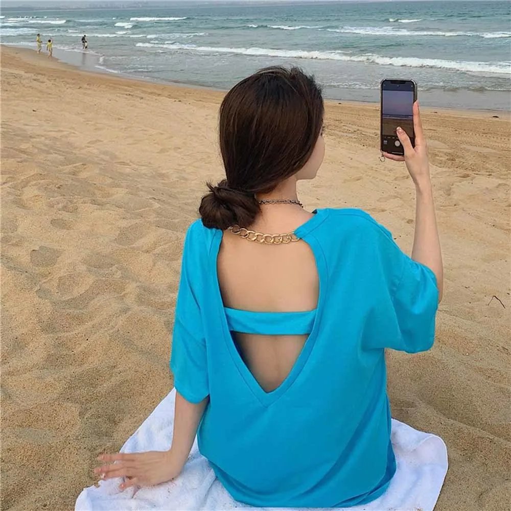 

4XL T Shirt O Neck Short Sleeve Summer Tee Shirt Backless Women Korean Style Blue Black Loose Tops