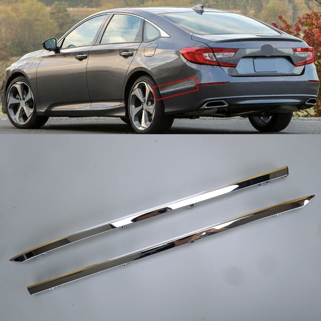 

HO1146102 HO1147102 1 Pair Car Rear Bumper Body Side Molding Trim Strip Fit for Honda Accord 2018 2019 2020 Chrome Style Plastic