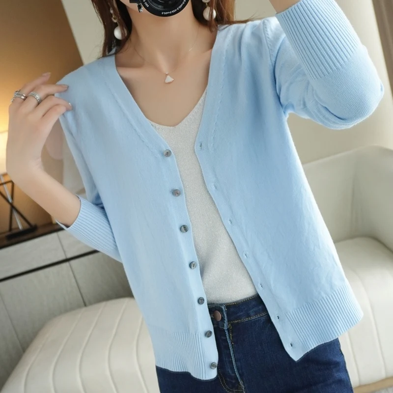 

Spring And Autumn New V-neck Knitted Cardigan Knitted Sweater Women's Loose Thin Sweater All-match Coat Solid Color Basic Model
