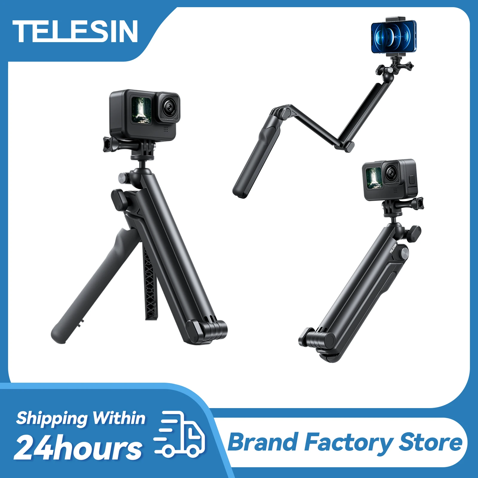 Купи TELESIN 3 ways Selfie Stick with Tripod Hand Grip Pole for GoPro 11 10 9 DJI OSMO Action3 Smart Phone Action Camera Accessories за 1,619 рублей в магазине AliExpress