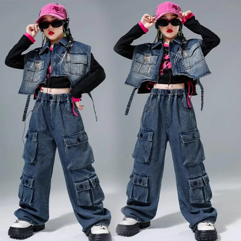 

Одежда для девочек в стиле хип-хоп, жилет, укороченный топ, джинсы для мальчиков, брюки-карго для уличных джазовых танцев, комплекты детской одежды, детский костюм для улицы