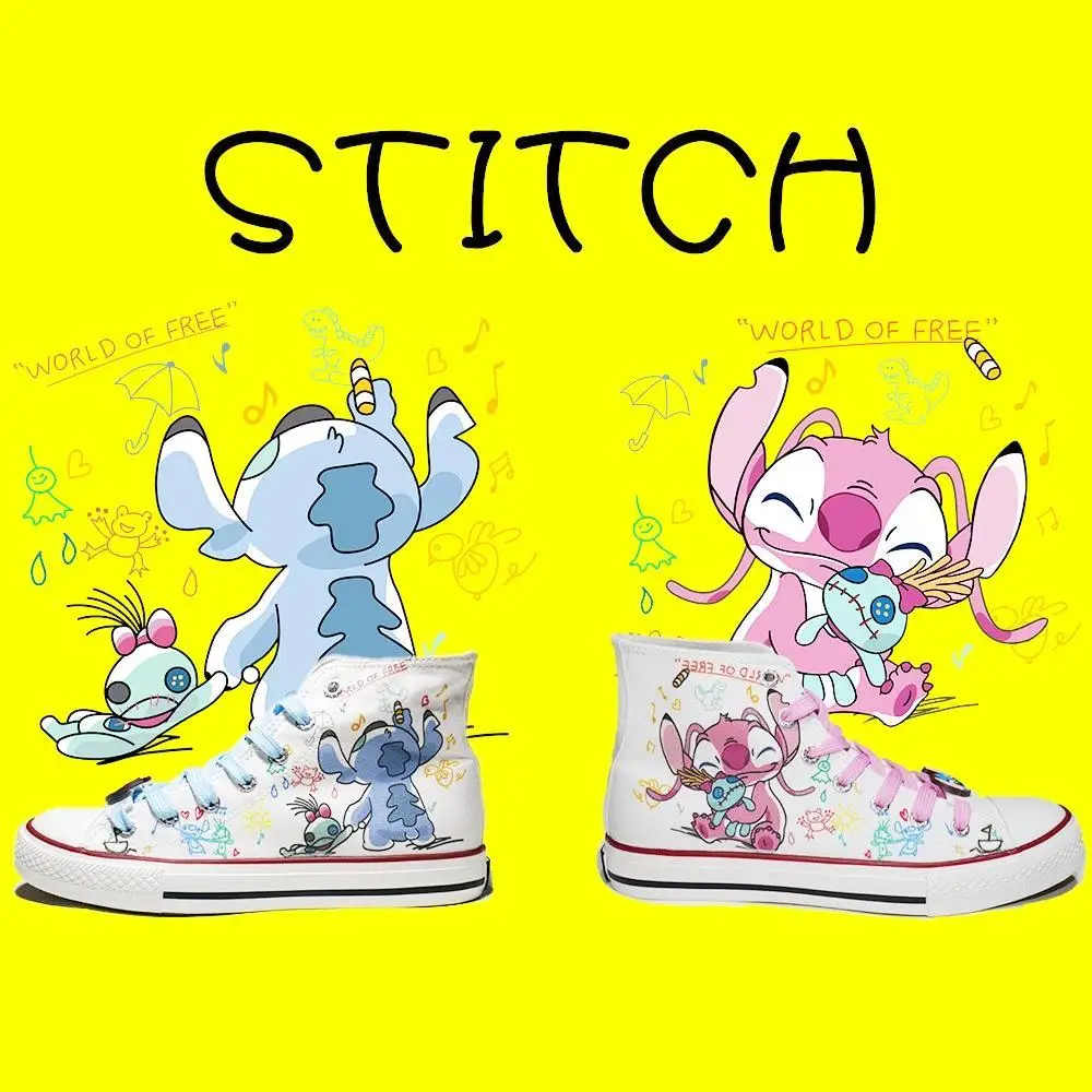 Disney Stilson Co-branded Hand-painted Valentine's Day Gift For Men Women Couples Small White Print High And Low Canvas shoes