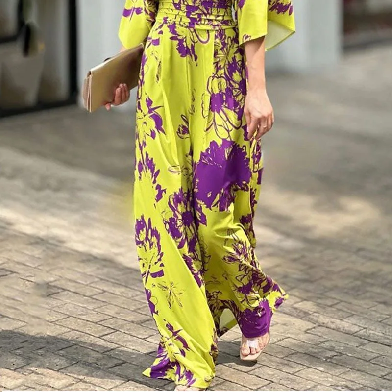 S-3XL Fashion V-neck Jumpsuit 2022 Spring And Summer New Style Elegant Printing Bat Sleeve Waist Trousers Straight Pants