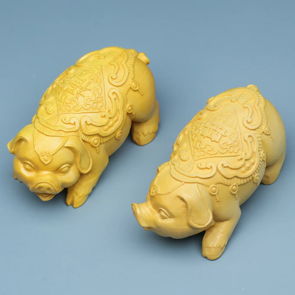 

A Pair Solid Wood Carved Piggy Statue Hand-carved Cute Animal Fuxi Pig Home Decorations Desktop Ornaments Free Shipping