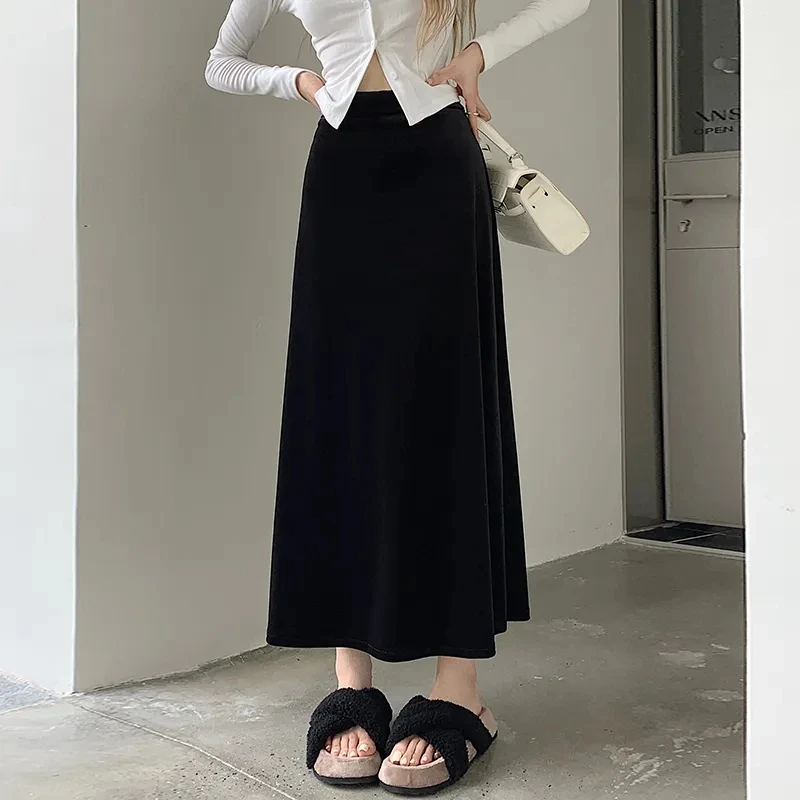 

2023 New Elegant Gold Velvet Fishtail Skirt For Women Clothing Elastic High Waist Slim Large Size A-line Black Skirts 542