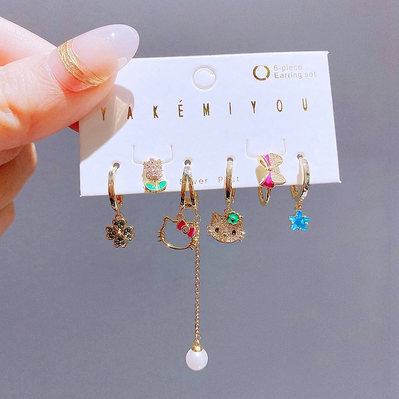 Модные милые серьги-кольца 6 шт. с зеленым кристаллом клевера - Цена: 477.46