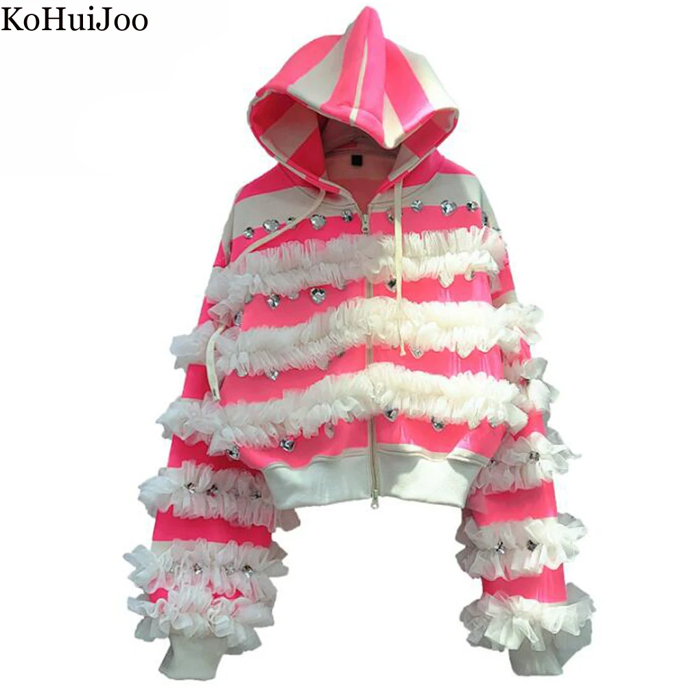 KoHuiJoo Sweet Women Hoodies Heavy Lace Beading Rhinestone Korean Zippers Cardigan Coat Women 2022 Striped Short Hooded Jacket