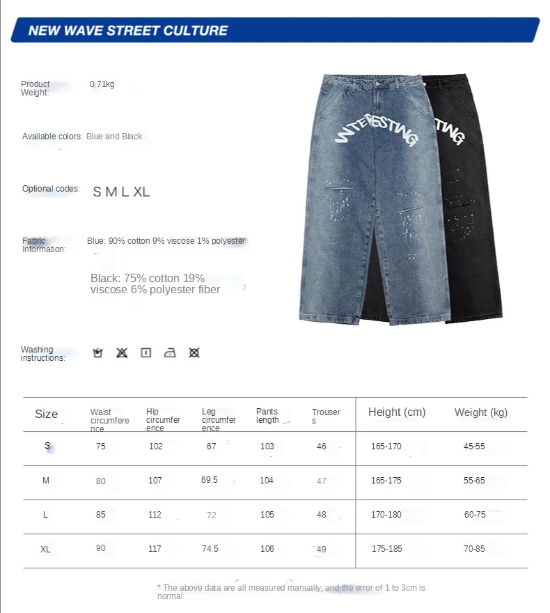 Рваные джинсы Новые прямые брюки с принтом брызг Свободные повседневные рваные