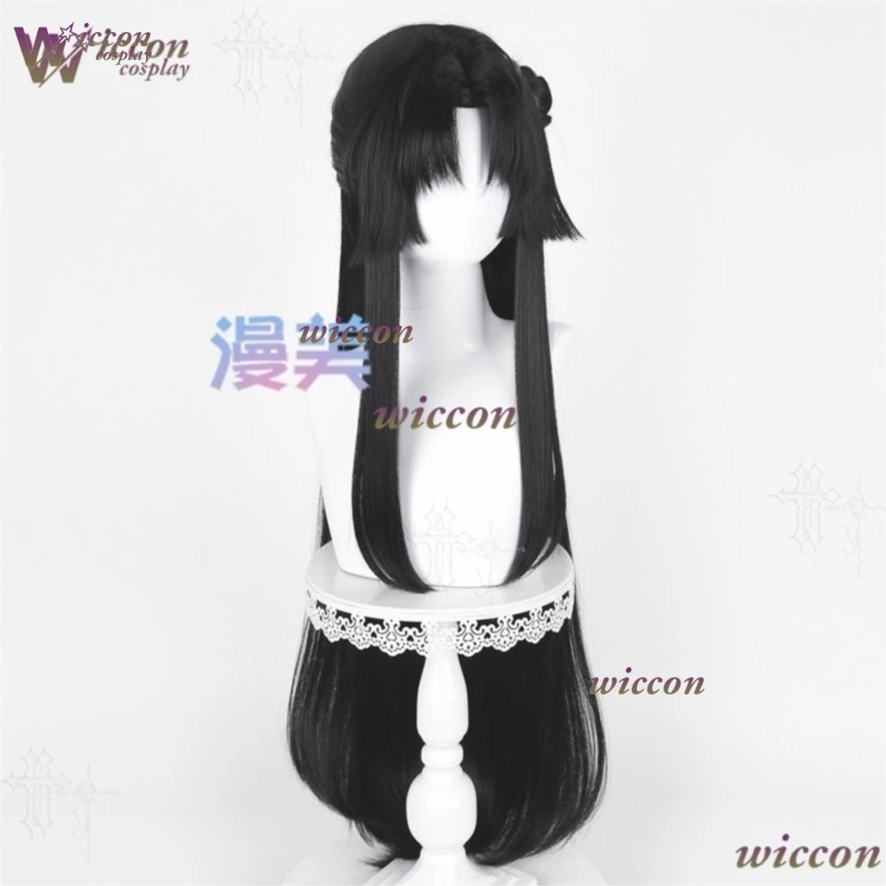 Фото Универсальный парик для косплея Xun Pure Black Simulated Scalp Top Updo Bun, термостойкий, для Хэллоуина и вечеринок №3