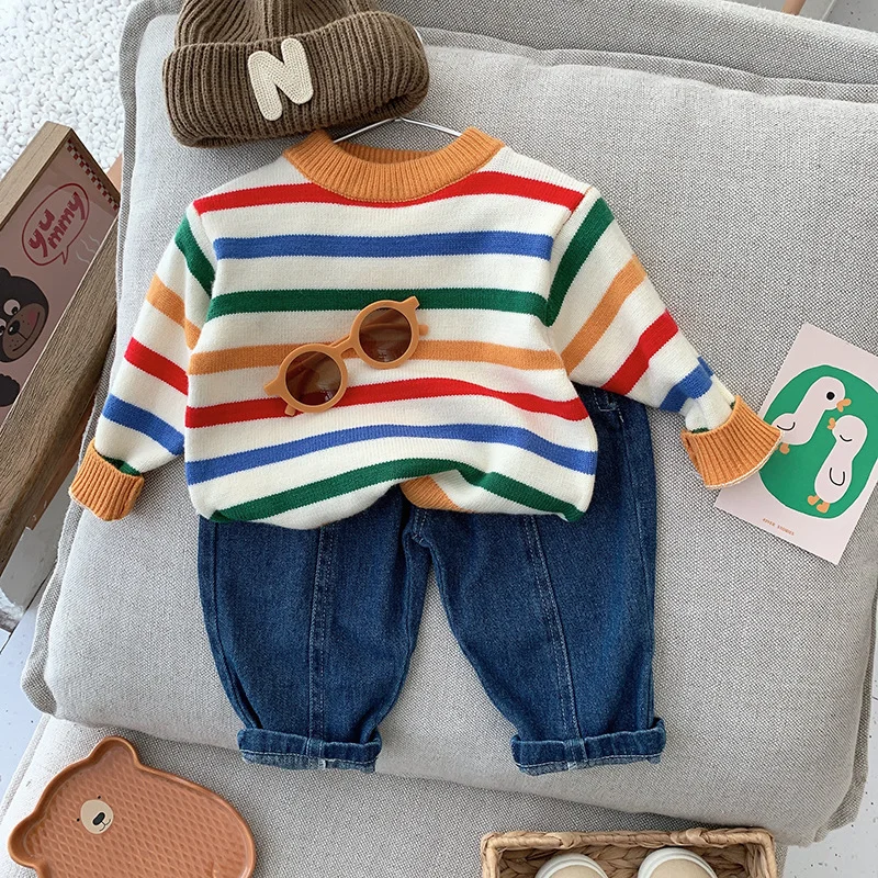 Autumn Toddler Girls Striped Knitted Sweater Pullover Kids Cotton Clothes Baby Boys Rainbow Knitwear Outwear Children Undershirt