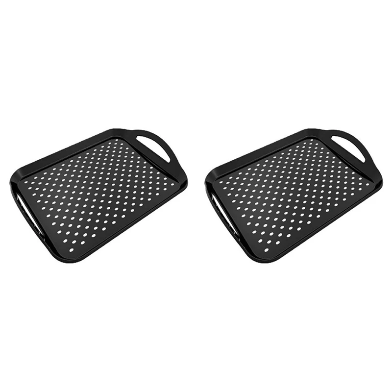 

2X Rectangular Non-Slip Plastic Tray With Handle Black Tray With Handle Suitable For Home Kitchen And Dining Room
