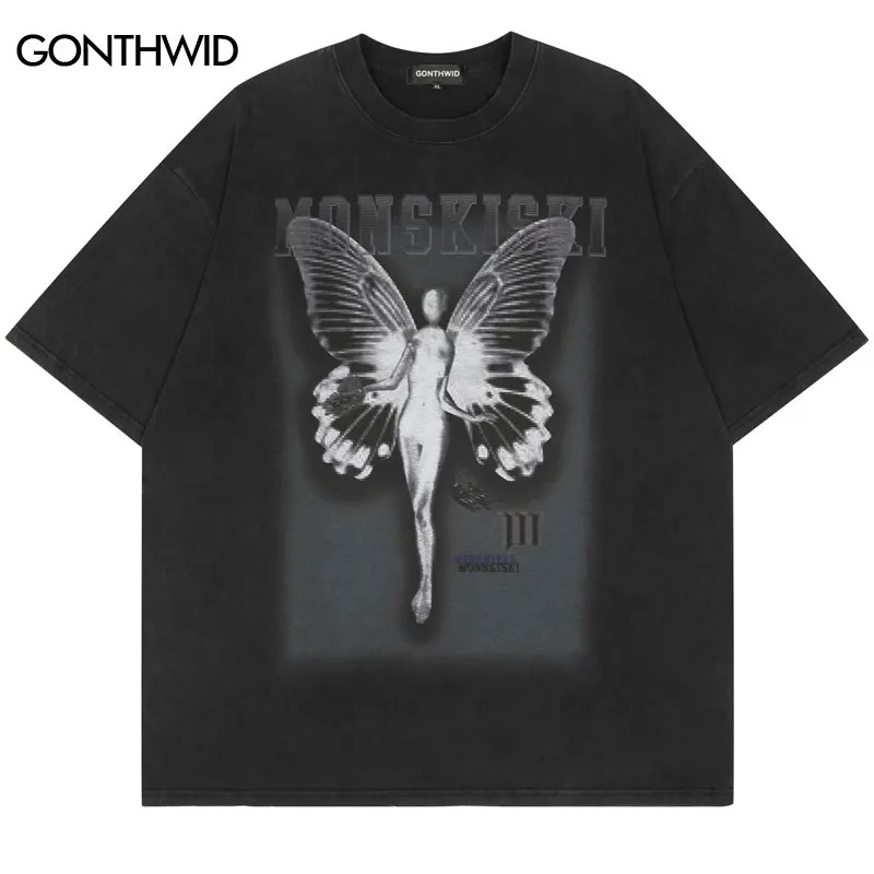 

Punk Distressed Streetwear Tshirt Hip Hop Vintage Butterfly Girl Print Gothic T-Shirts 2022 Men Harajuku Casual Short Sleeve Top