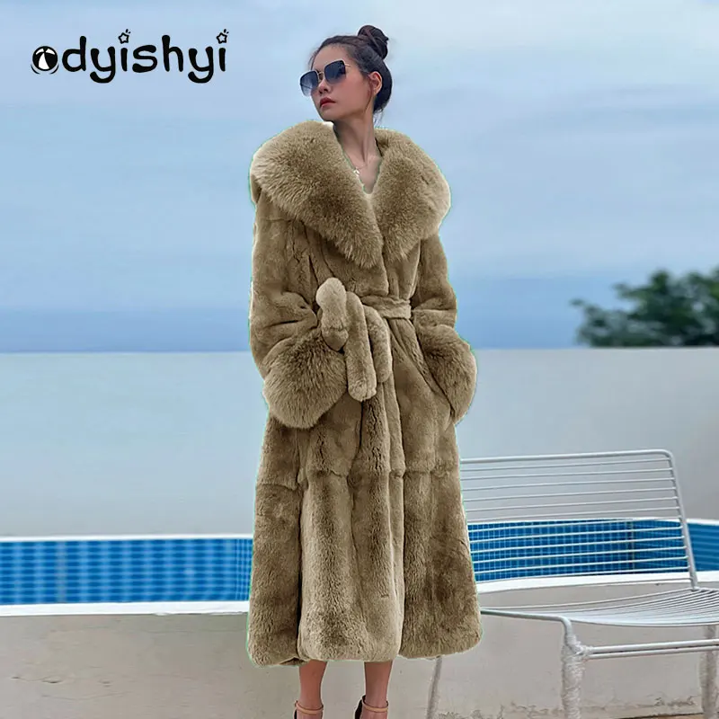 Elegant Women X-Long Faux Luxurious Fur Jacket 2022 Winter Parka Big Fur Collar Casual Loose Coat With Belt Large Size 5XL YD11