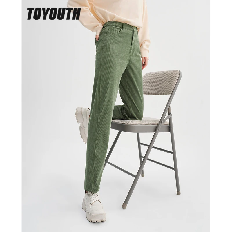 

Toyouth Women Corduroy Trousers 2022 Winter Back Waist Elastic Straight Long Pants Beige Green Warm Chic Casual Long Pants