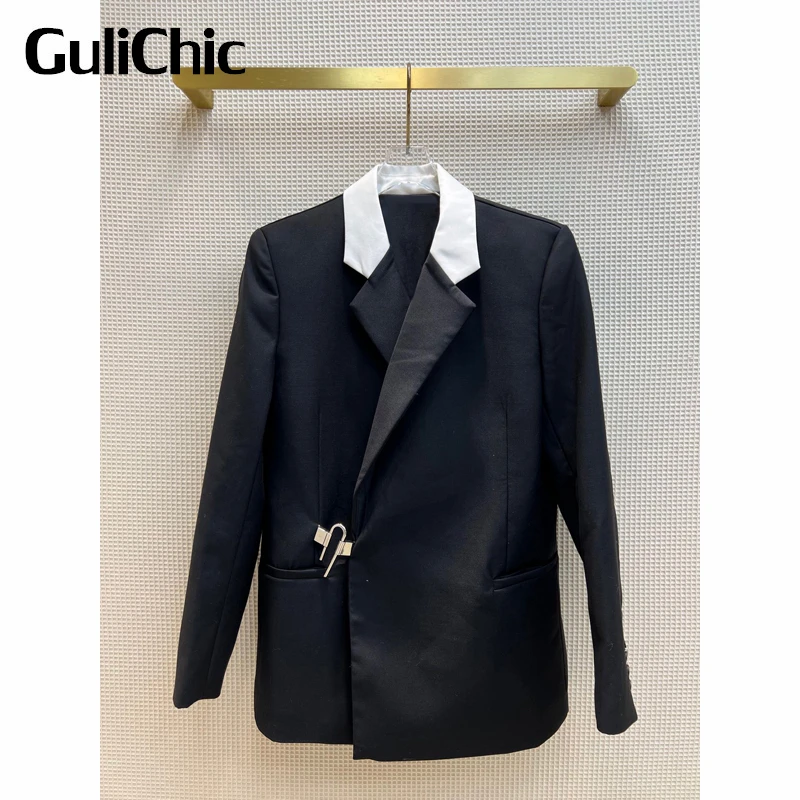 

8.22 GuliChic Women Temperament Patchwork Solid Color Casual Lock Wool Blazer