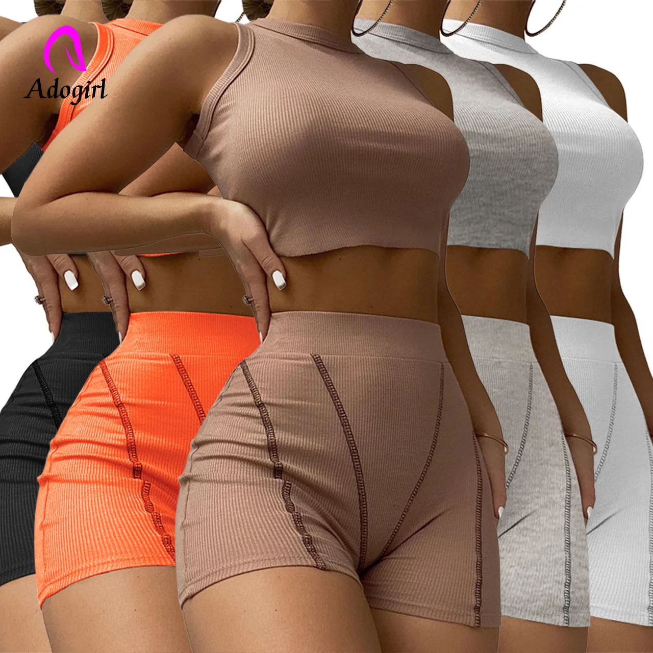 

Женский спортивный комплект из 2-х предметов, однотонный жилет в рубчик без рукавов и велосипедные шорты с высокой талией, Новинка лета 2022, спортивная одежда для тренировок и активного отдыха, спортивная одежда