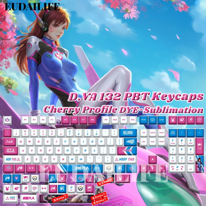 Dva D.va 132 Keys Cover PBT DYE Sublimation Cherry MX Cross Axis Switch Keycap for Mechanical Keyboard 64/87/96/98/104 Game Gift