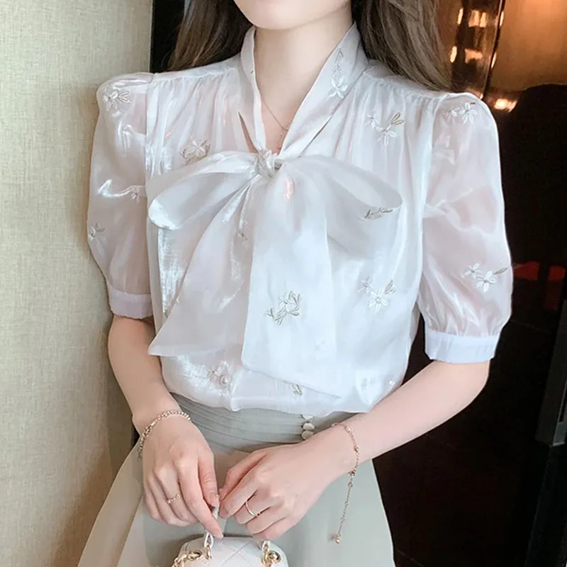 Новая женская рубашка с воротником-бантом модные женские топы коротким рукавом