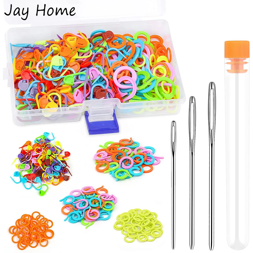 

269Pcs Knitting Stitch Ring Markers with Large-Eye Blunt Needles 3 Types Knit Counting Ring Crochet Sewing Locking Accessories