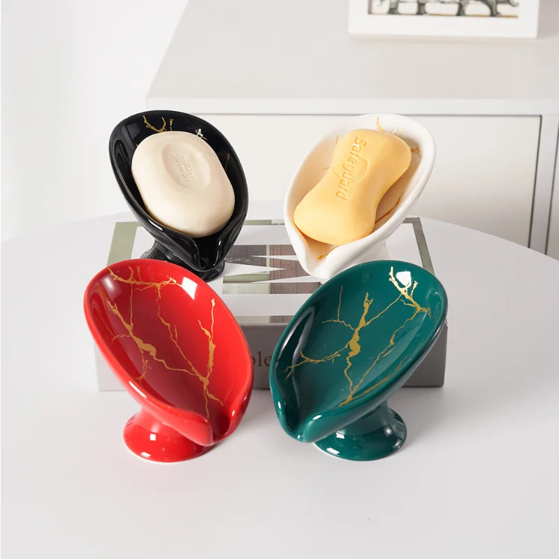 

Nordic Creative Light Luxury Ceramic Soap Box Leaf Drain Soaps Dish Hotel Household Bathroom Wash Basin Soap Tray Shelfs Ins