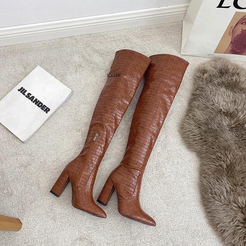 

2023 New Style Women Chunky High Heel Boots Designer Shoes Microfiber Leather Long Booties Over-the-Knee Botas De Mujer