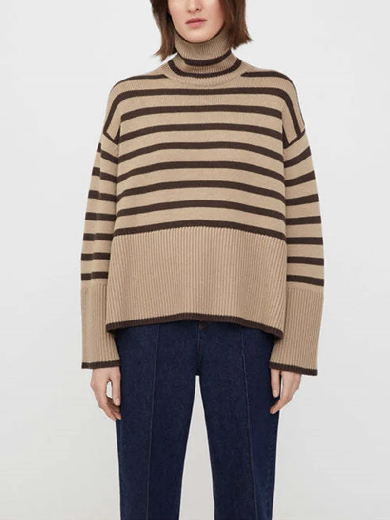 Women Knitted Pullover Turtleneck Side Slit Striped Long Sleeve Loose Wool Sweater