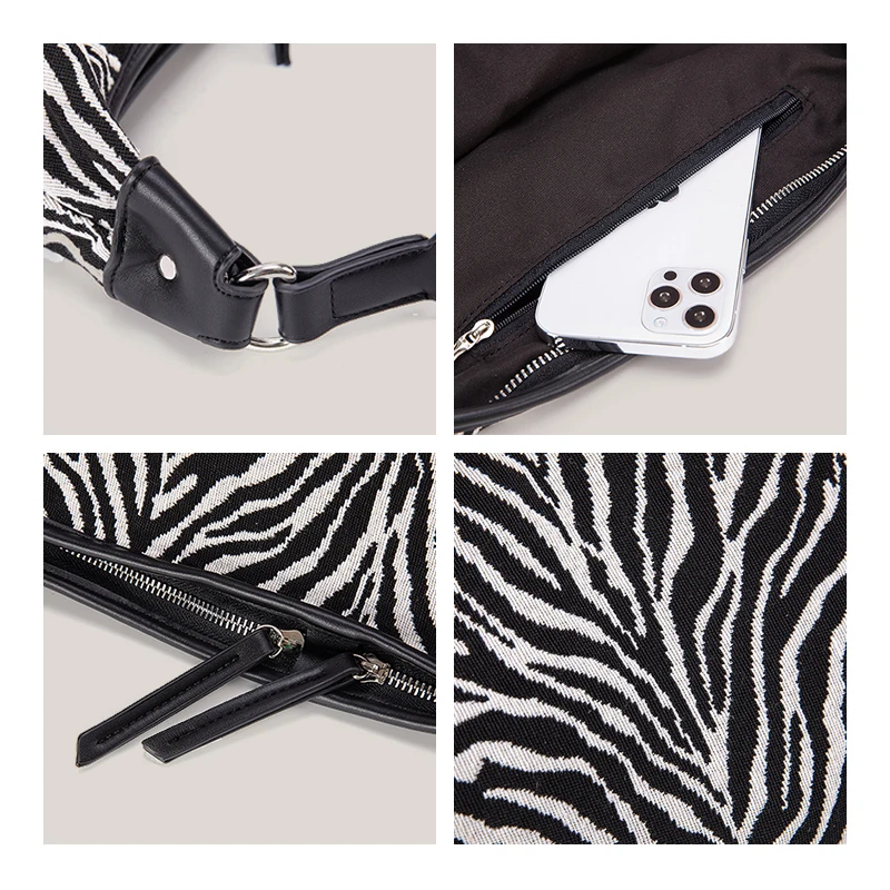Zebra Pattern Crossbody Bags Women Zipper Large Capacity Canvas Half Moon Bag Chest Bag Fashion Purses