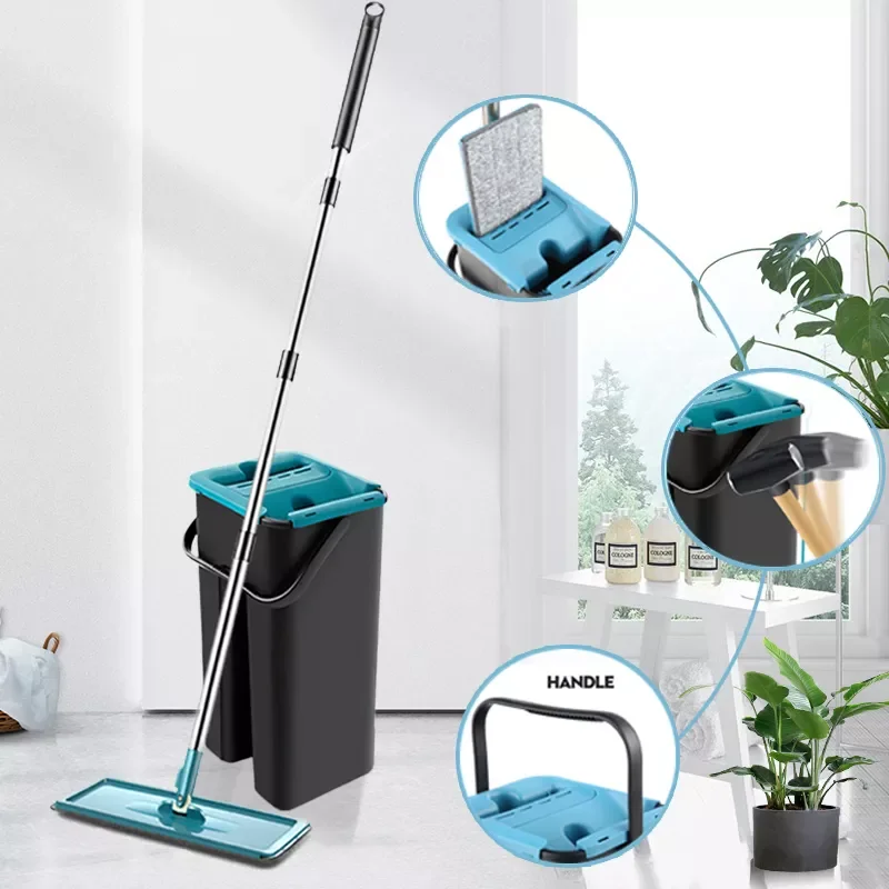 

NEW2023 Squeeze Flat Mop With Bucket Free Hand Magic Microfiber Flexible Floor Mop Rag Wringing Rotary Tools For Clean Kitchen H