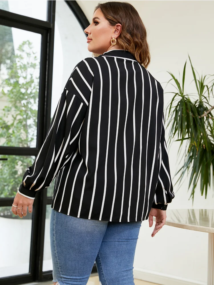 Oversized Temperament Commuter Loose  Polo Striped Shirt plus size blouse  roupas femininas tops for women