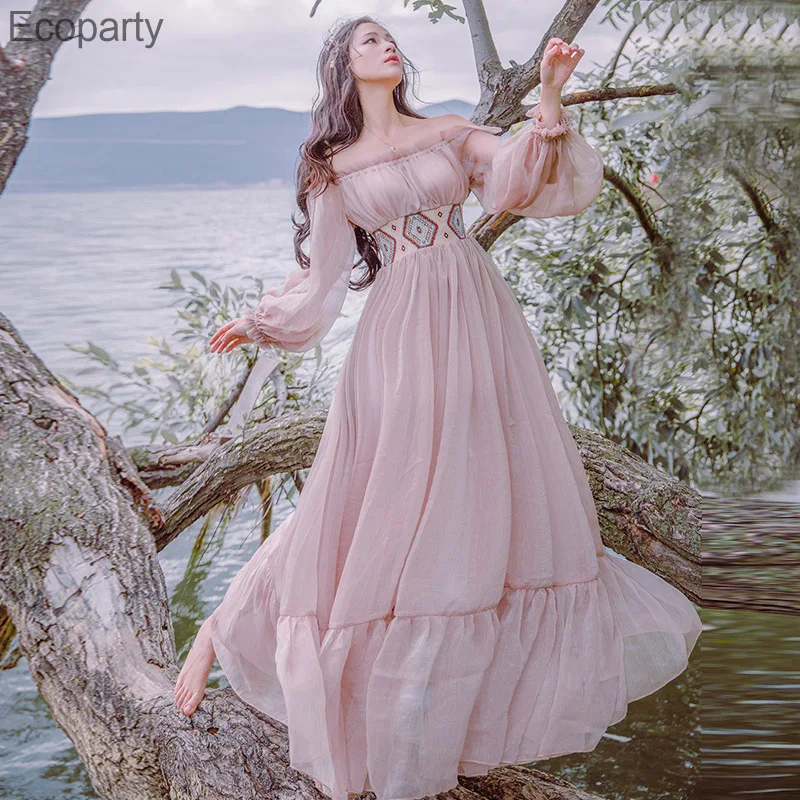 

Medieval Renaissance Women's Dress Long Sleeve Retro Fairy Gown One-line Collar Off-shoulder Dresses Vintage Style vestido 2022