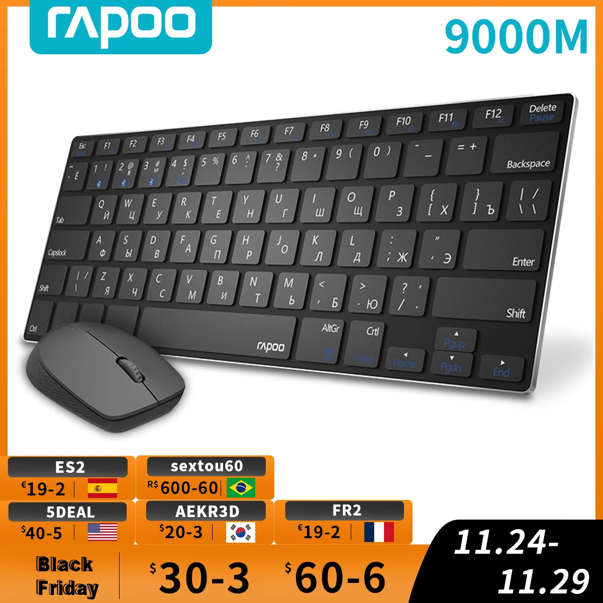  Rapoo 9000M Mini Multi-Mode Silent Wireless Alloy Base Keyboard Optical Mouse Combo Connect to 3 Devices English/Russian Layout 