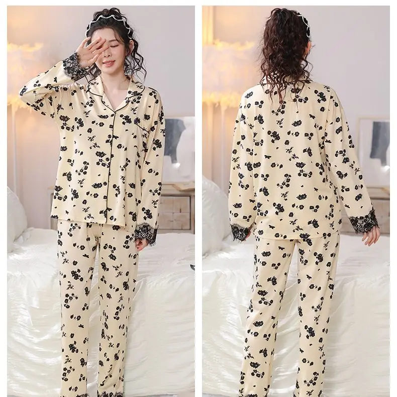Yasuk Spring Autuum Fashion Women's Casual Print Lace Sleepwear Homewear Lovely Sexy Pajamas With Pants Soft Flower
