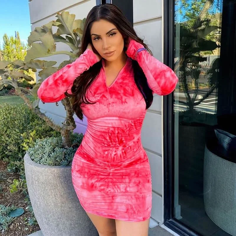 

Casual Dresses Womens Mini Dress Summer Tie-Dyed Ladies Bodycon Women Long Sleeve Sexy Zip Fashion Plus Size Pink