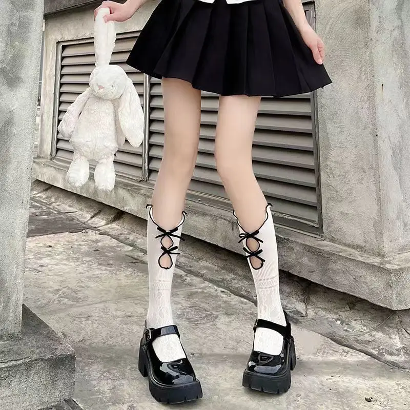 Hollowed-Out Mesh Socks For Women Jk Double Spring Summer Thin Lace Bow Mid-Calf Lolita