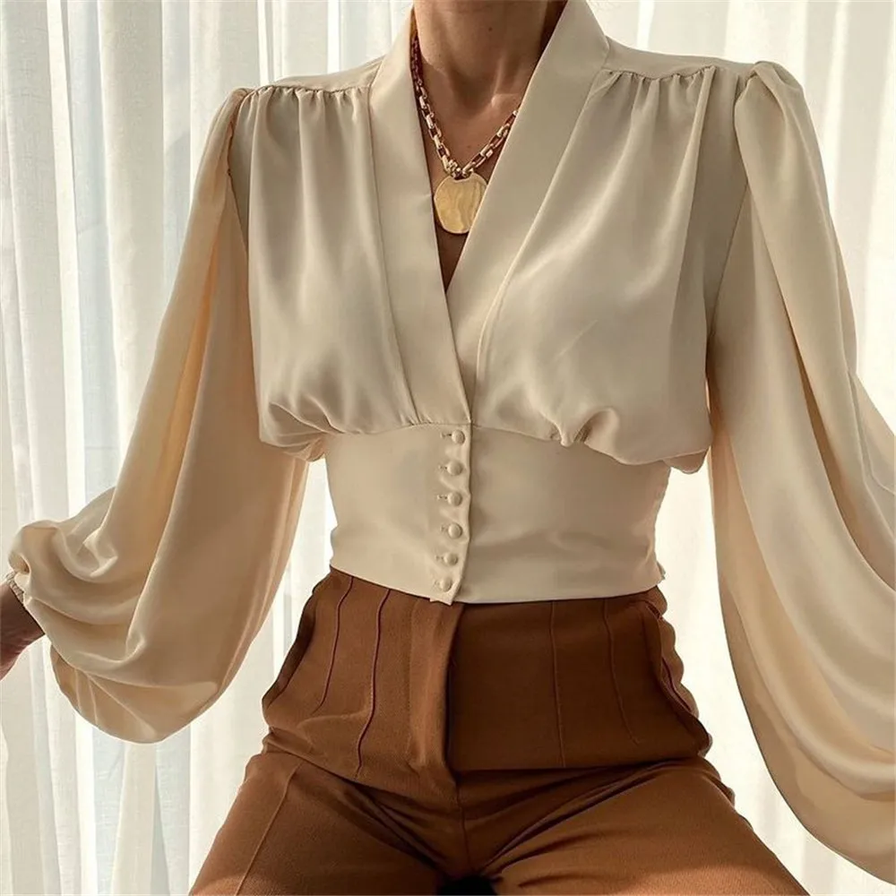 

Женская блузка с V-образным вырезом, однотонный соблазнительный плиссированный топ на пуговицах с поясом, новинка сезона осень-весна 2022, жен...