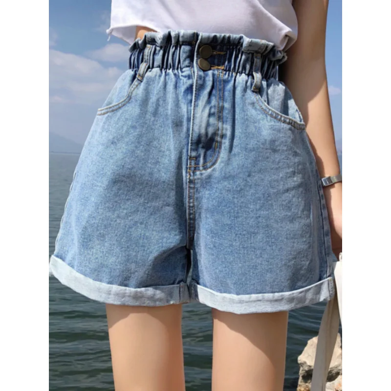 Summer Black Women's Denim Shorts Large Size 5XL Ruffle White High Waisted Shorts Elastic Waist Jeans for Women