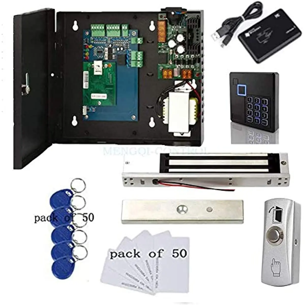 

Single Door Access Control System Kits Metal Push To Exit Button Magnetic Lock RFID Keypad Reader 110V Power Supply Box